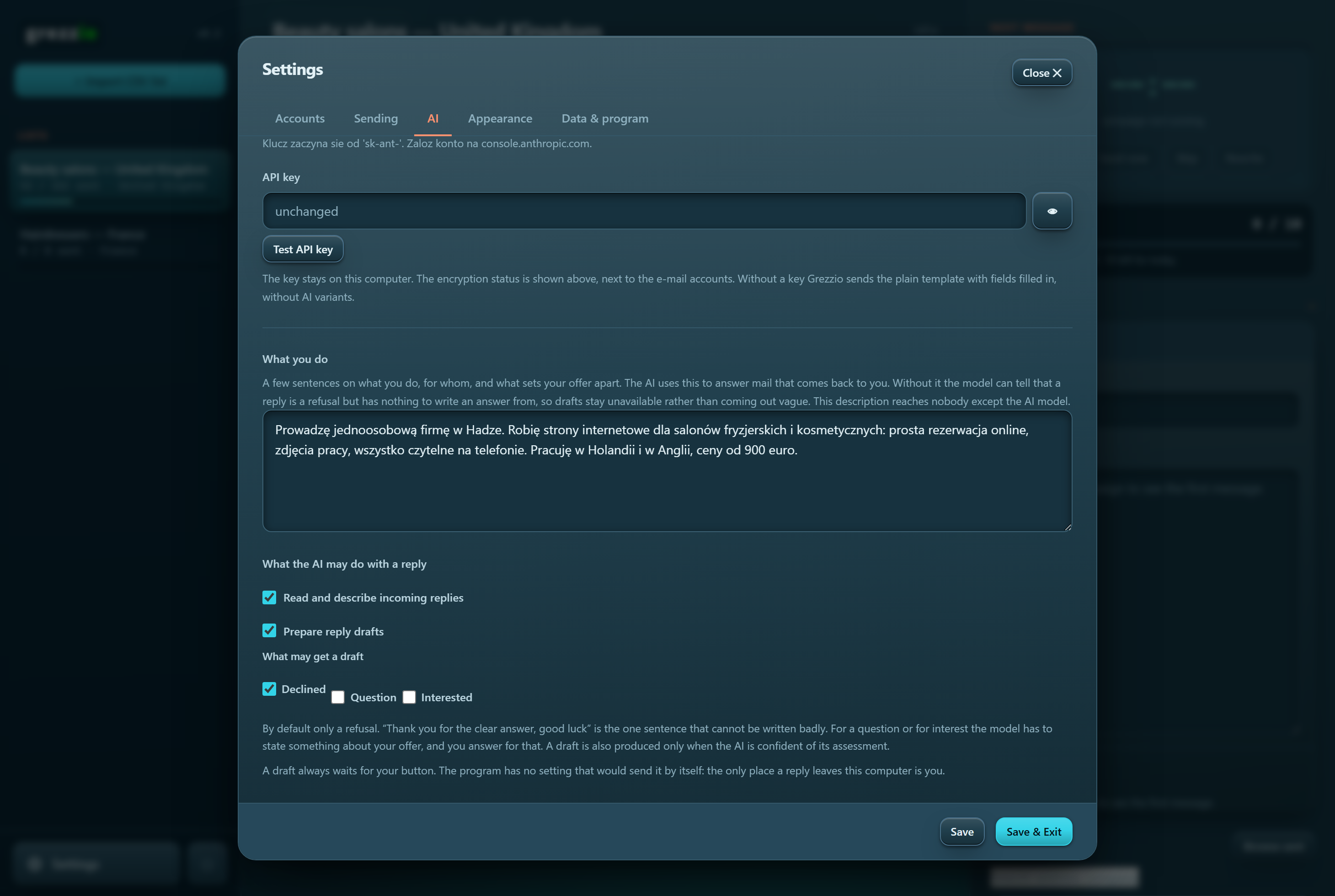 Settings · AI. A few sentences about what you do. Without them drafts stay unavailable rather than coming out vague.