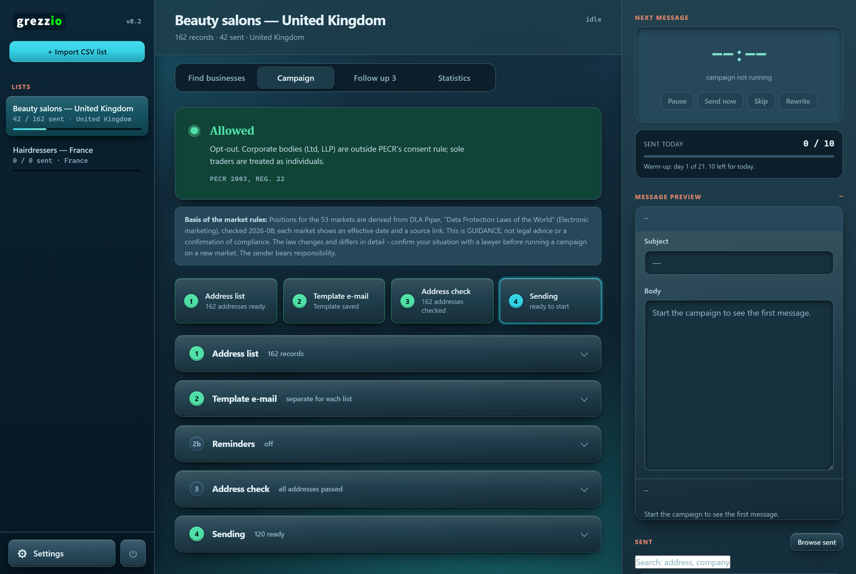 The Campaign tab: four steps and the compliance signal for the market you are writing to.